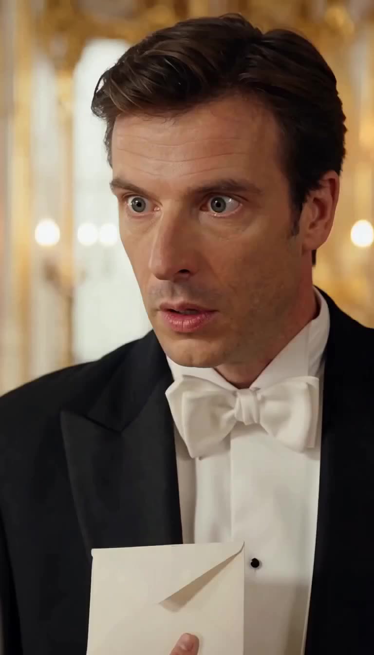 Le marié en smoking noir regarde la lettre avec une expression d'effroi total.