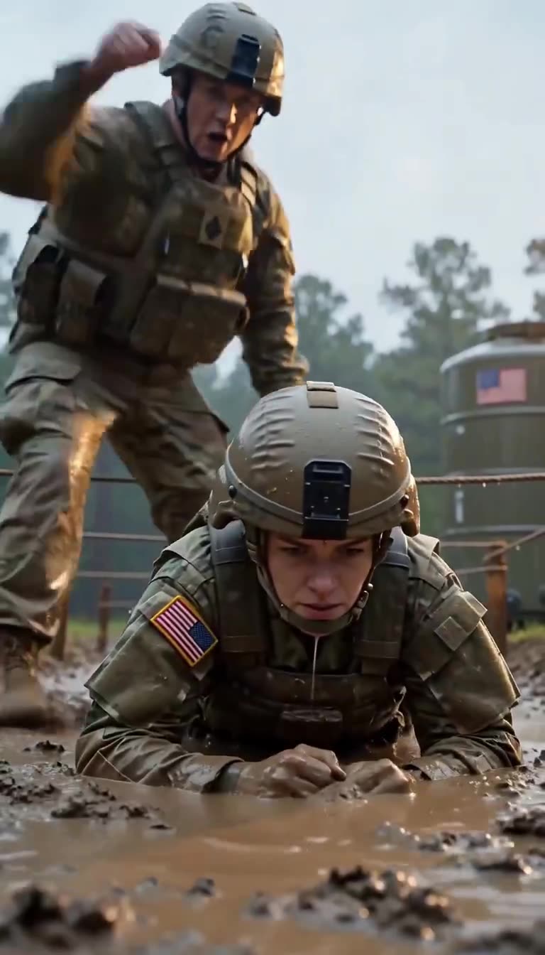 Sergeant Miller shouts commanding orders over Sarah Vance during obstacle training.