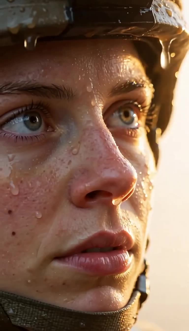 Macro close-up of recruit Sarah Vance showing intense focus with water dripping from her helmet