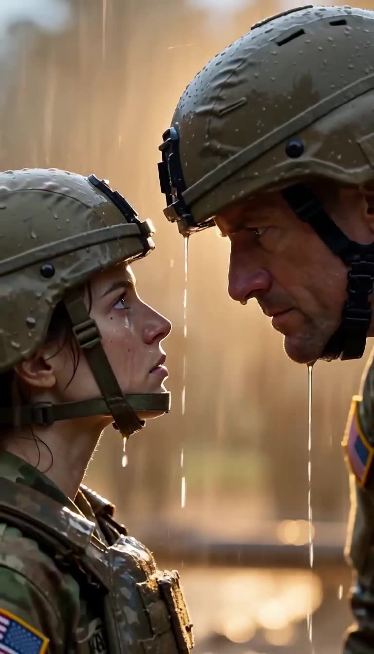 Sergeant Miller leans in aggressively close to confront Sarah Vance face-to-face in the rain