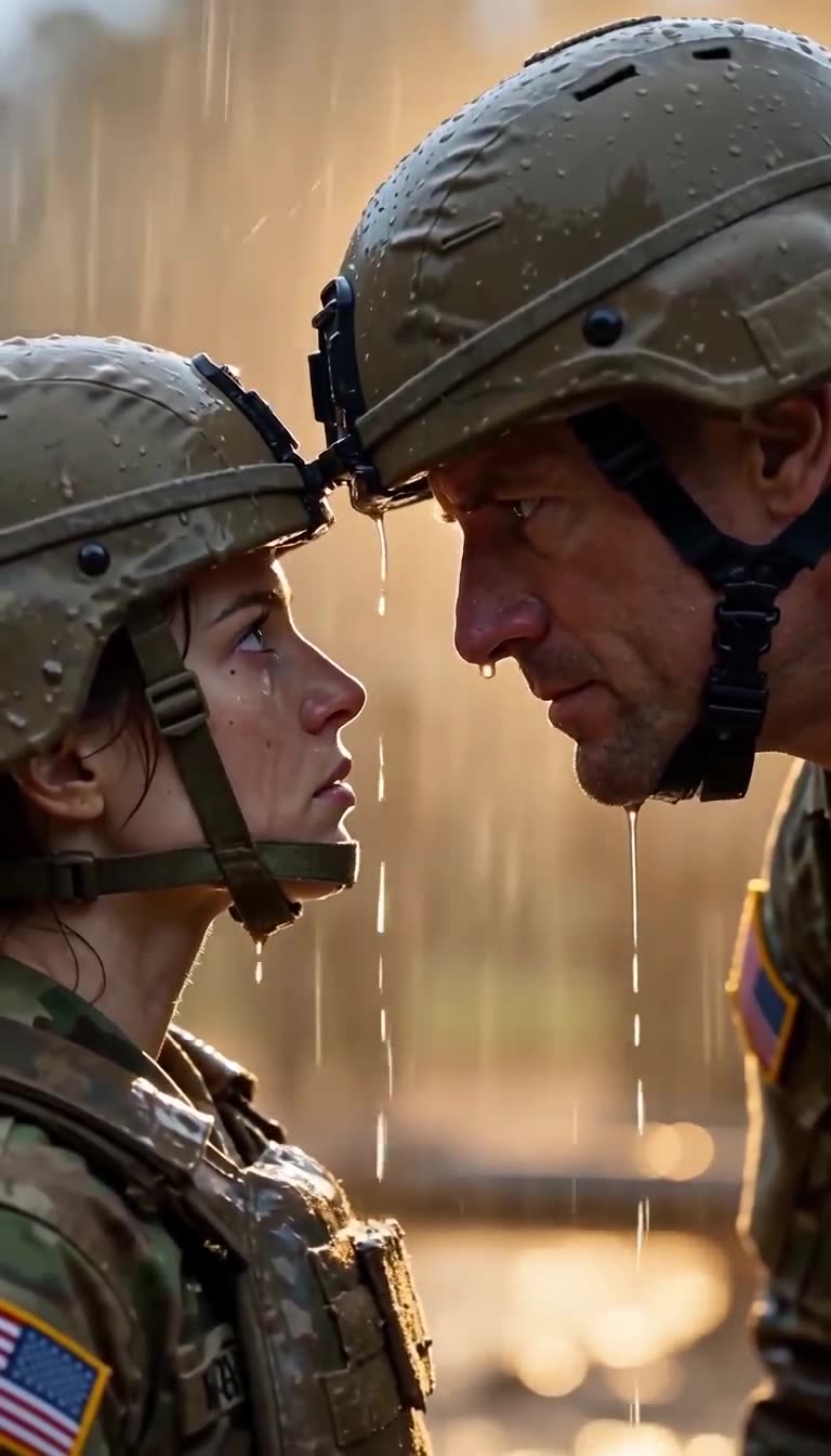 Intense eye contact and dripping rain between Sergeant Miller and Recruit Vance during field drills