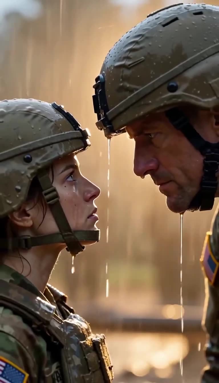 Close-up standoff in the pouring rain between Drill Sergeant Miller and Private Avery