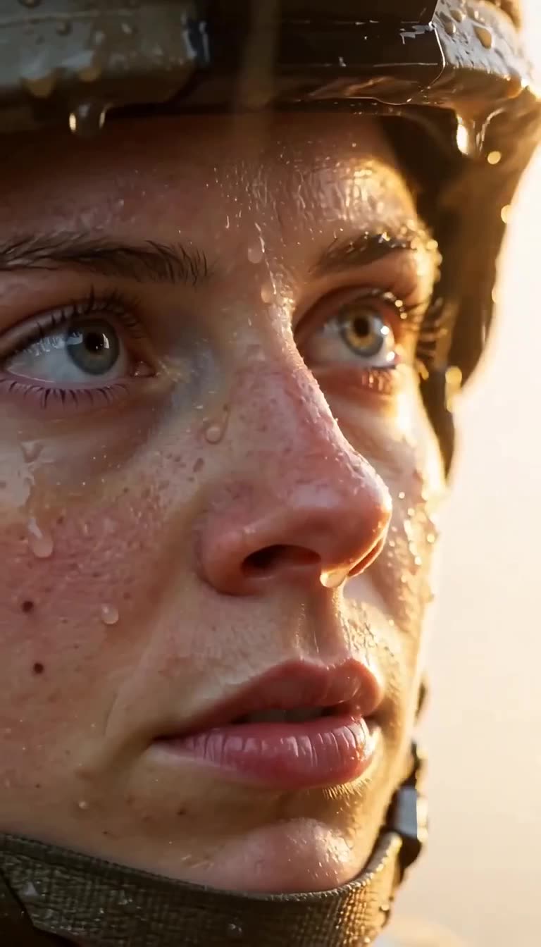 Intense portrait of Private Avery staring upward with rain dripping down her face