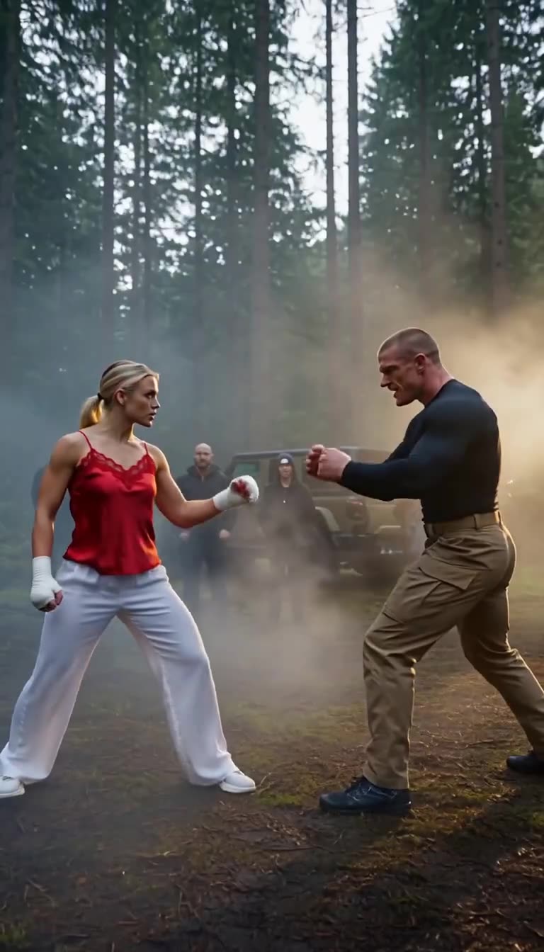 Greta im roten Seidentop und Markus stehen sich kampfbereit auf einer Waldlichtung gegenüber.