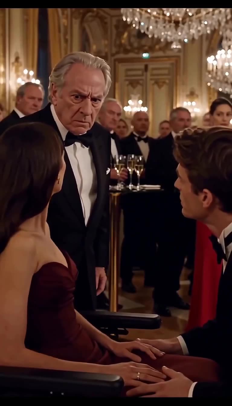 Un homme d'affaires âgé et furieux interrompt le jeune homme agenouillé tenant les mains de l'héritière.