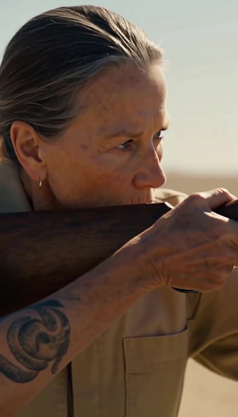 Naomi shoulders her rifle and takes precise aim with sharp focus across the desert.
