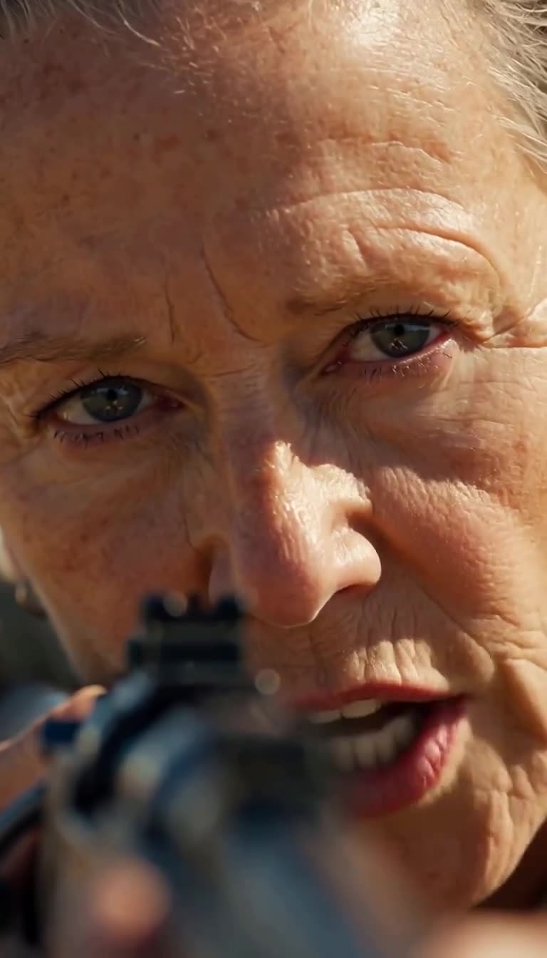 Macro close-up of Naomi's piercing eyes as she whispers 'One shot' while sighting her target.
