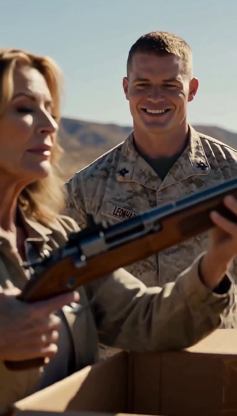 Naomi lifting a vintage wooden rifle as Travis watches in surprise