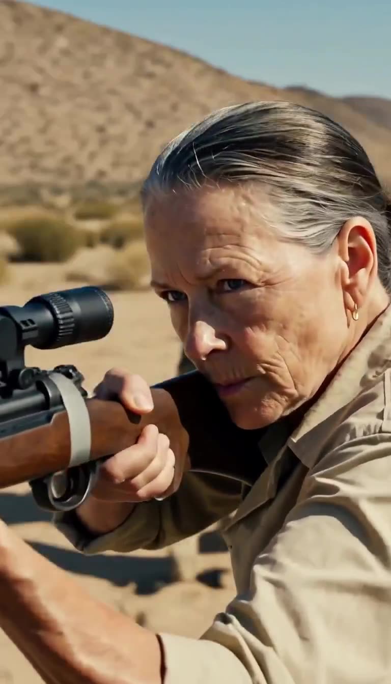 Close-up profile of the focused veteran aiming down the rifle scope under intense desert sunlight.