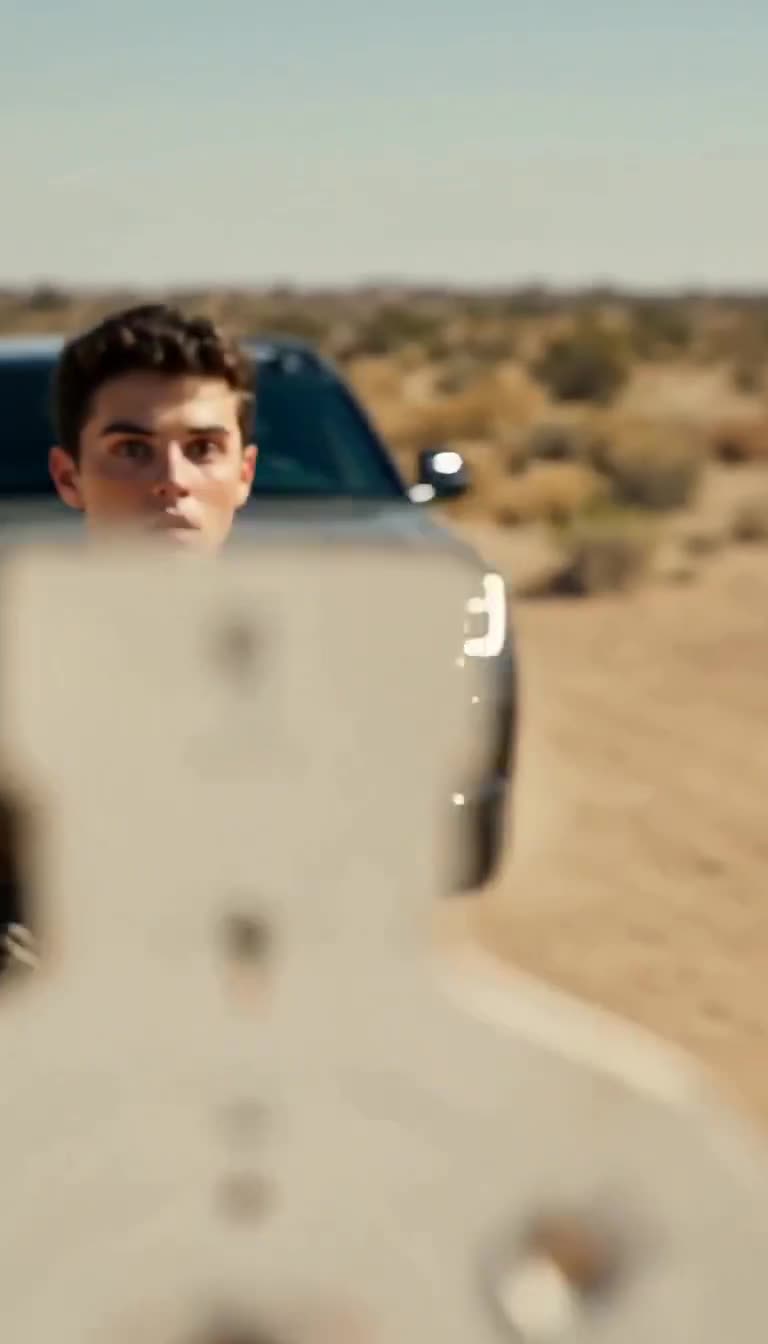 A shocked young soldier staring in disbelief through a target plate as a black SUV arrives behind him.