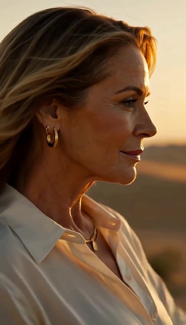 Profile close-up of Naomi smiling calmly in the golden hour light