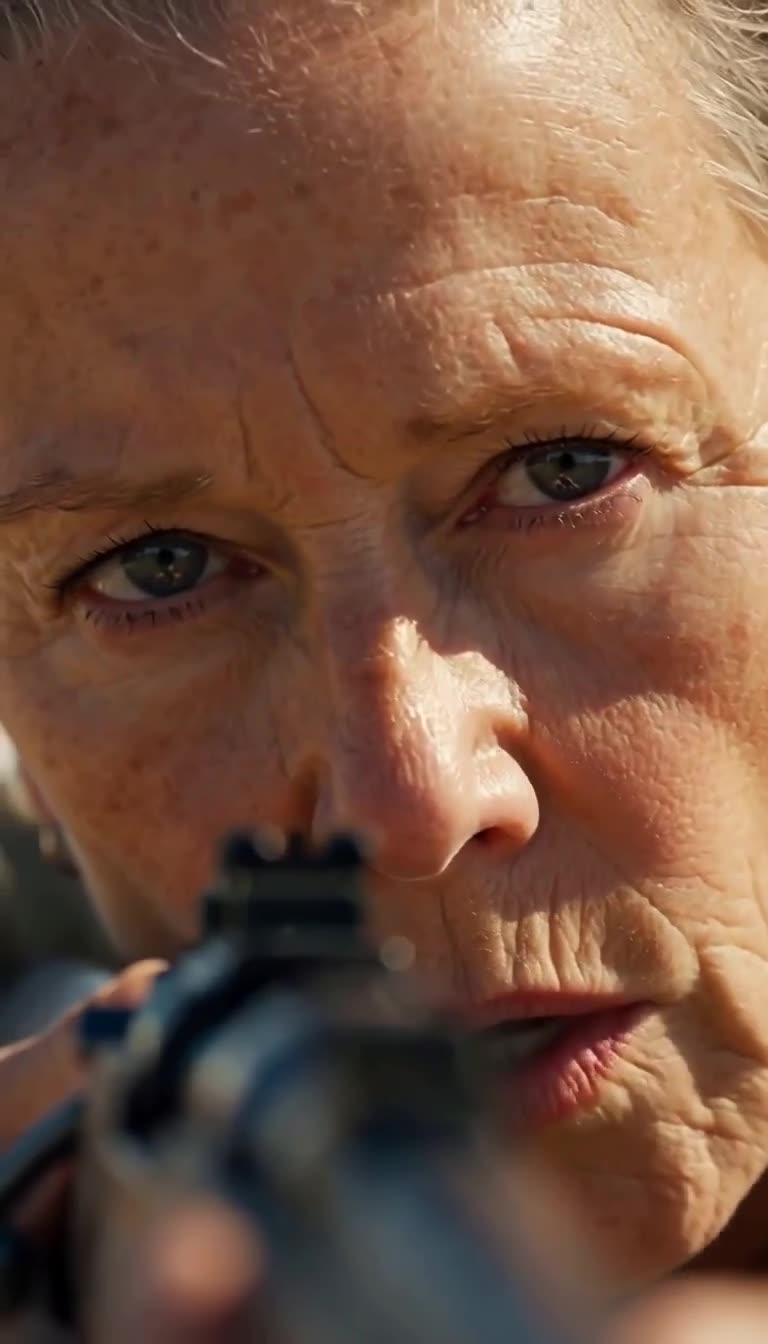 Extreme close-up of a seasoned older woman with steady blue eyes sighting down the barrel of a rifle.