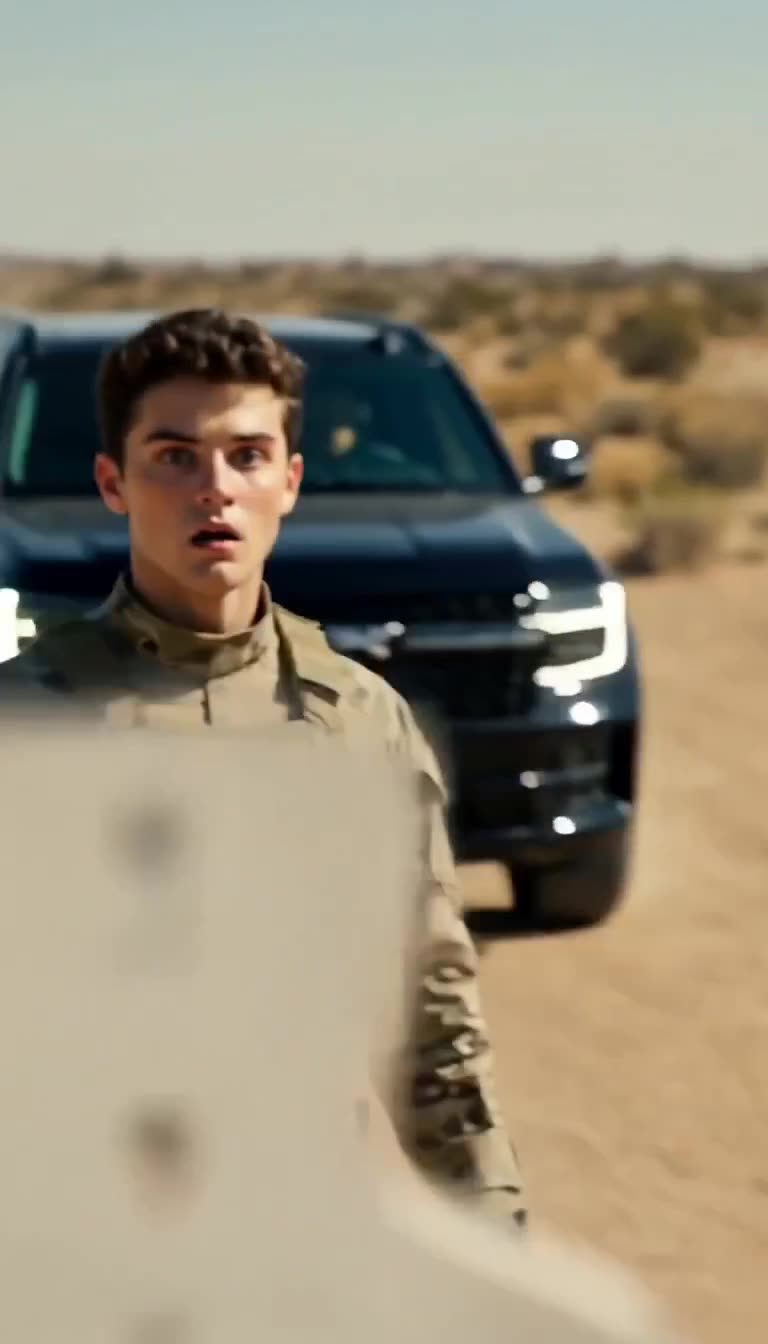 A stunned young soldier looks back in shock as a black government SUV arrives in the desert background.
