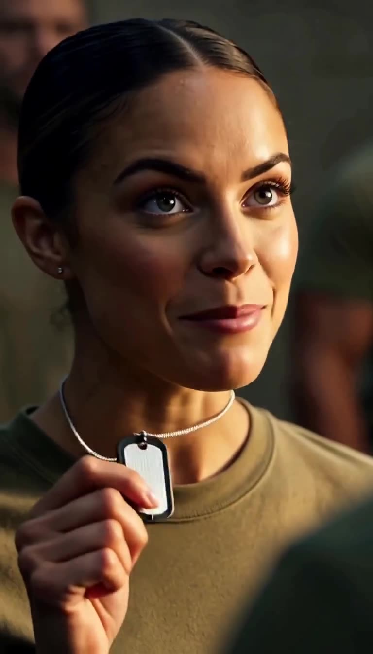 Sergeant Cole holding her dog tags and smiling calmly with sharp confidence.