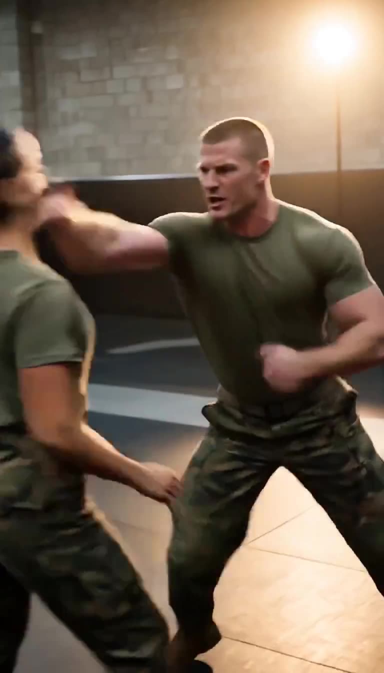 Mercer throws an aggressive punch toward Sergeant Cole during close-quarters combatives training.