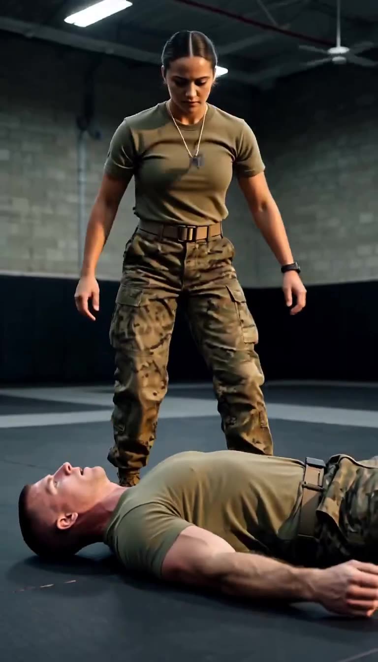 Sergeant Cole stands victorious over a grounded Mercer on the mat following a rapid takedown.