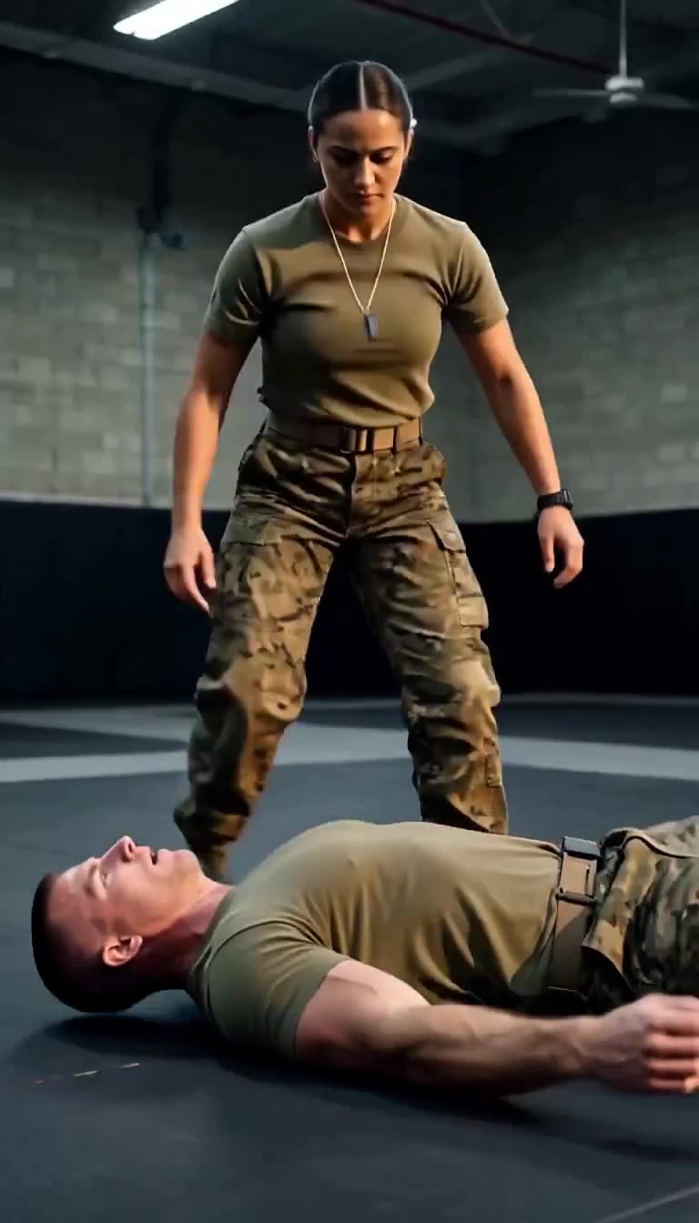 Female soldier standing victoriously over a subdued operative on a training mat