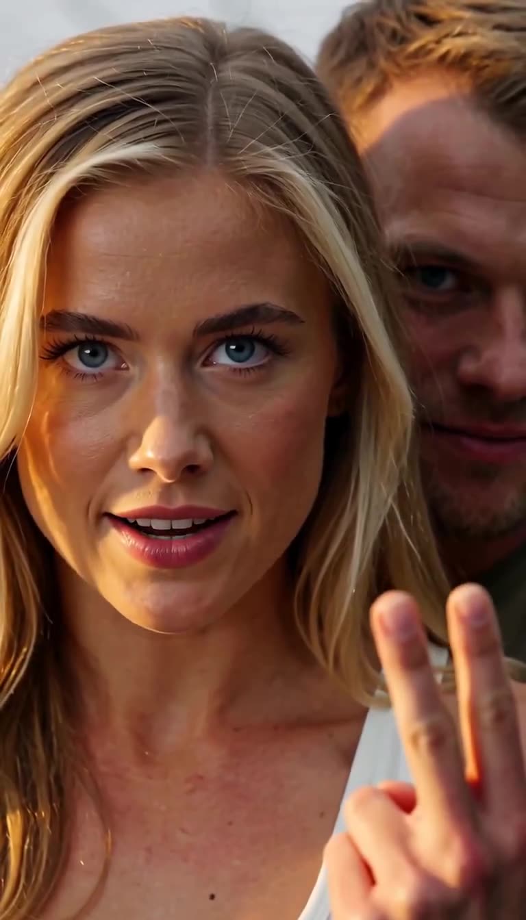Greta zählt mit den Fingern selbstbewusst den Countdown an, während Lukas hinter ihr steht.