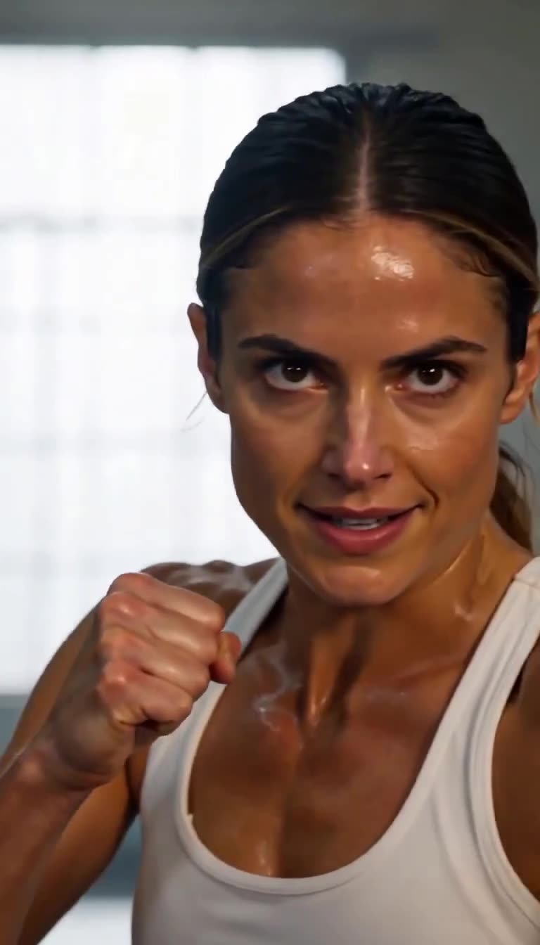 A female military operative raises her fists with a confident and focused expression.
