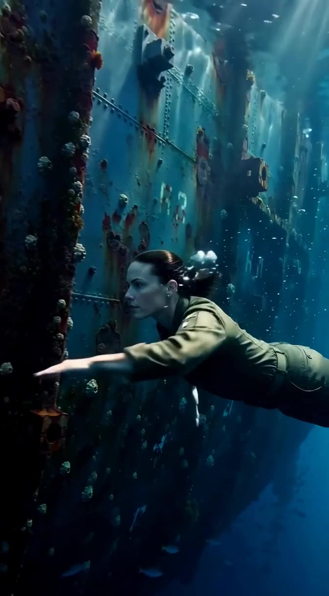Military diver inspecting the submerged hull of a sunken warship