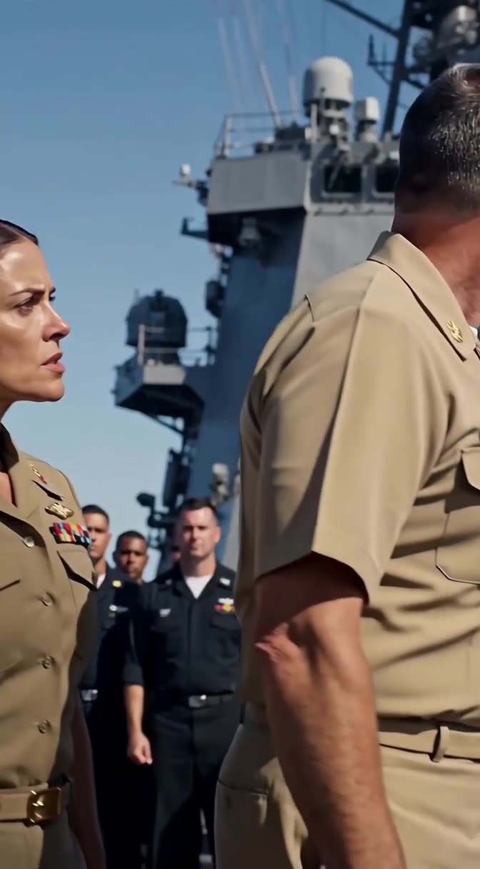 Sarah stands in military khaki uniform on deck alongside her senior officer Marcus.