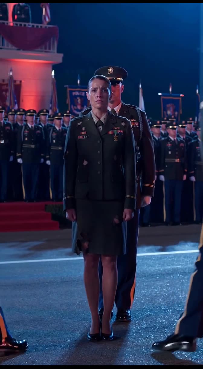 Captain Elena Vance standing at attention in a damaged dress uniform before the entire brigade.