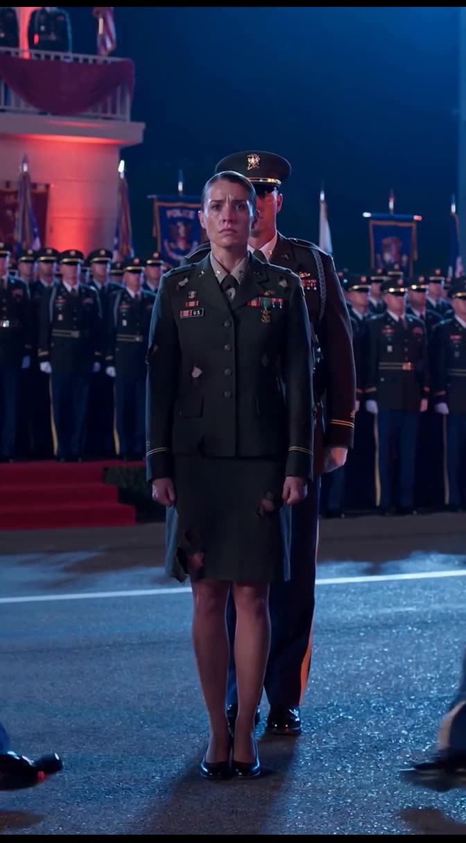 The injured officer stands rigidly at attention on the parade field before assembled troops.