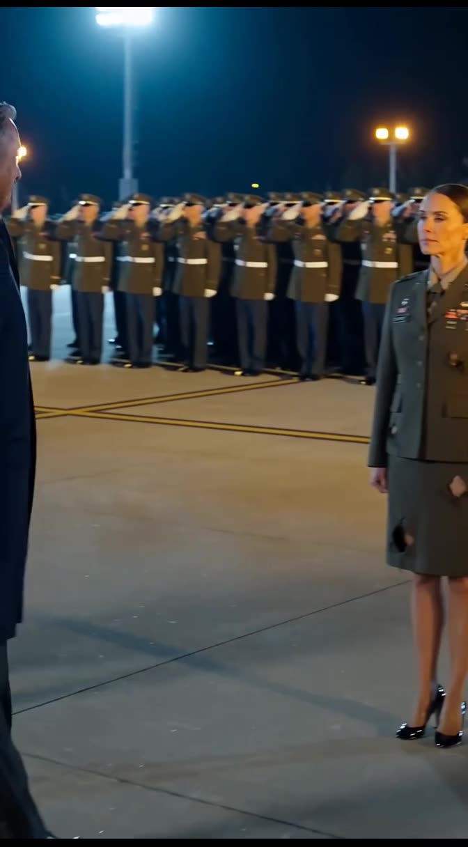 A commanding officer faces down the battered female soldier across the military tarmac.