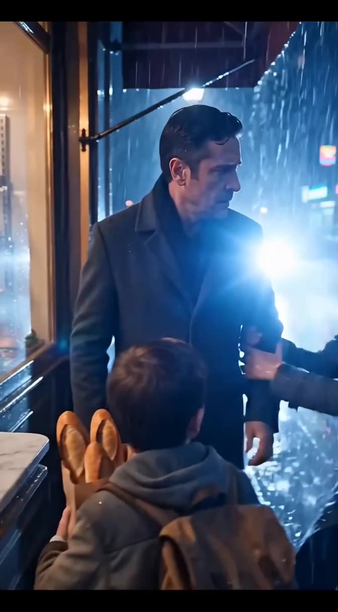 A shocked bakery owner stepping out into the stormy night watching the boy.