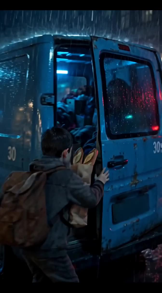 A young boy clutching fresh baguettes while opening the back of a beat-up blue van in the rain