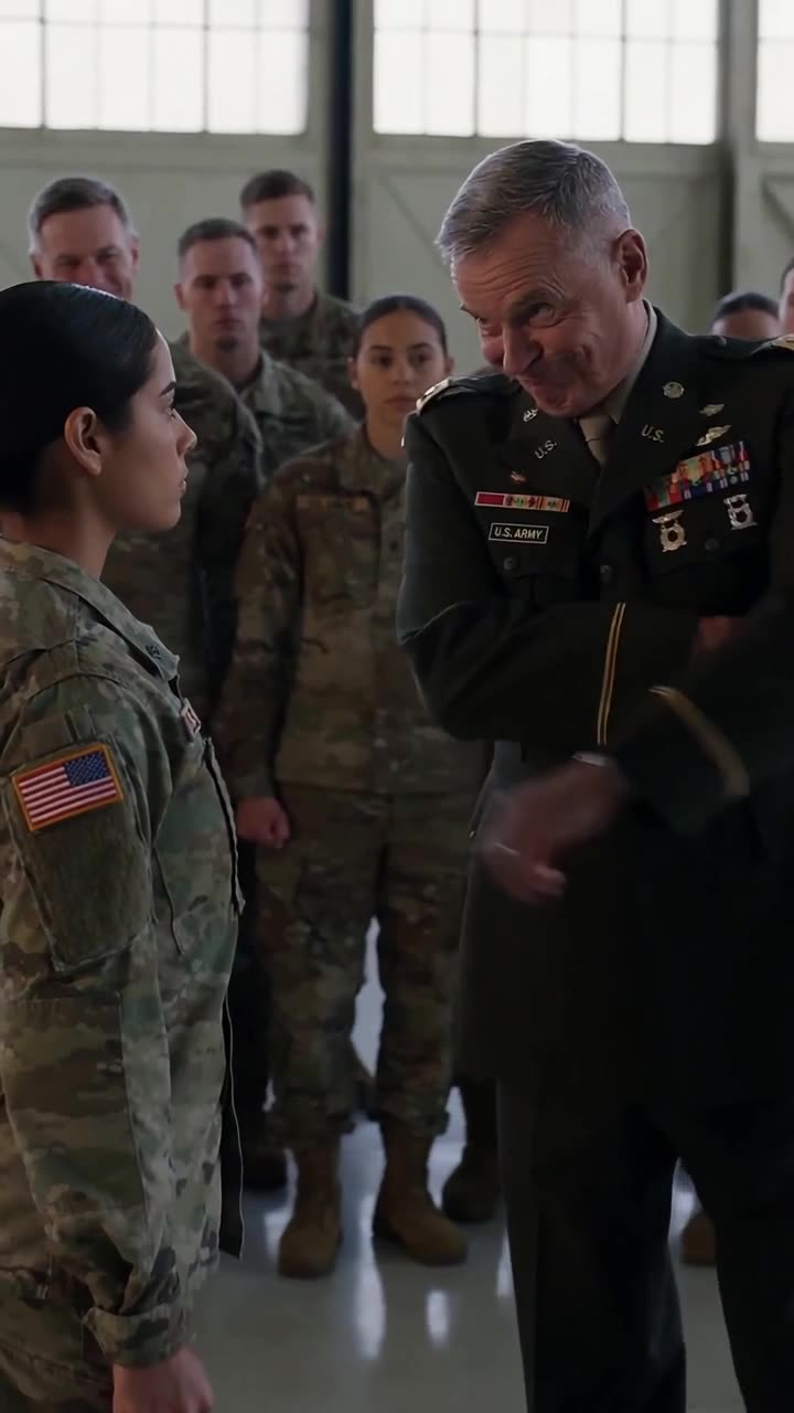 General Thorne smirking dismissively at Specialist Ava Cordero as fellow soldiers look on.