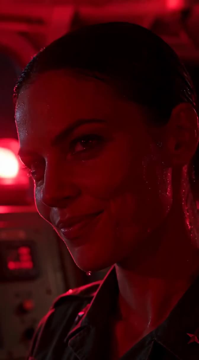 Officer Sarah smirking defiantly as red emergency klaxon lights bathe the cramped compartment