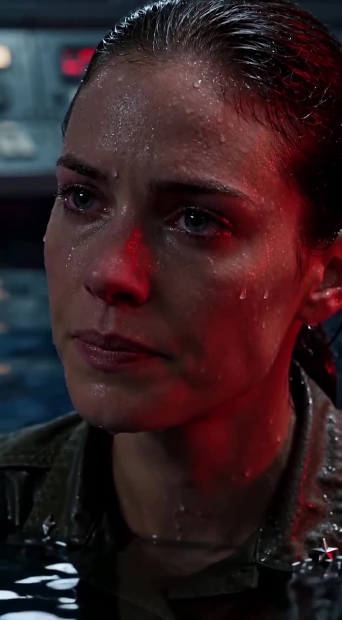 A close-up of Officer Sarah's sweat-drenched, resolute face under flashing red alarm beacons