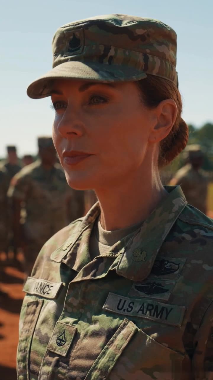 Clara Vance staring coldly forward with unwavering military composure