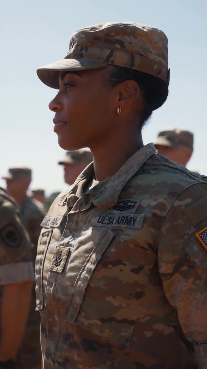 A soldier in camouflage standing at rigid attention in formation during the training ground confrontation