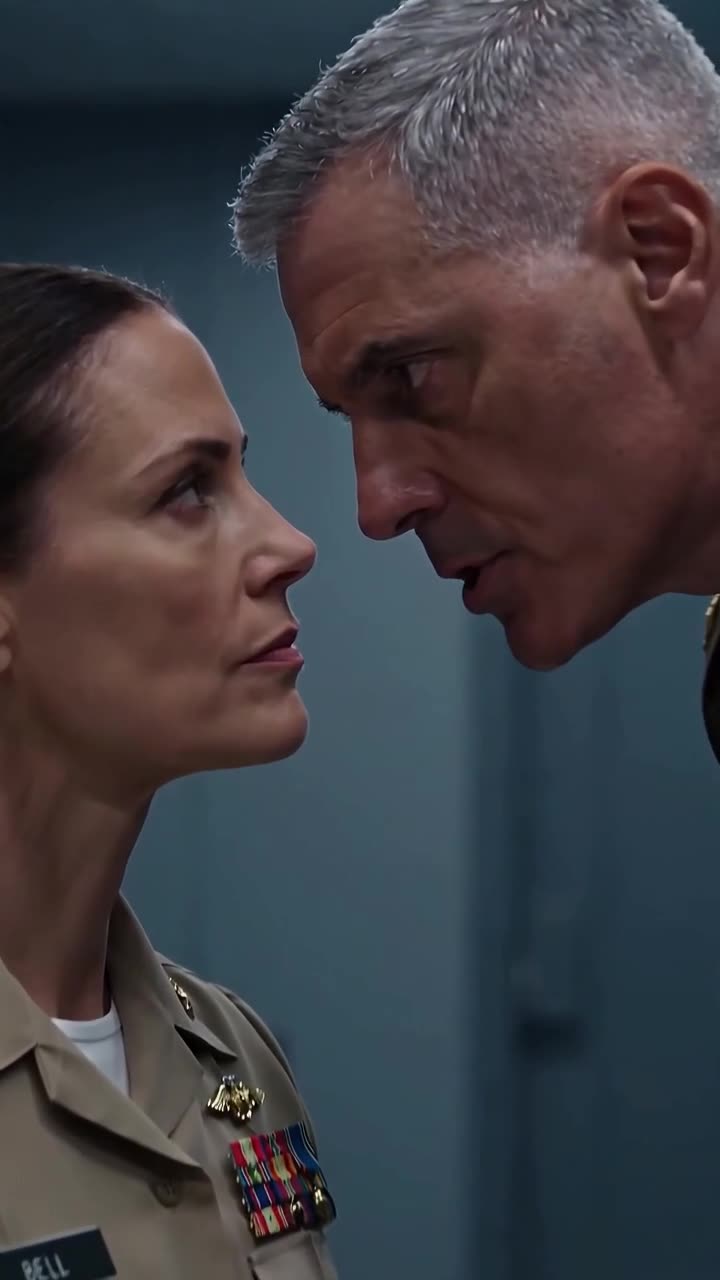 Intense face-to-face confrontation between Officer Sarah and Commander Marcus.
