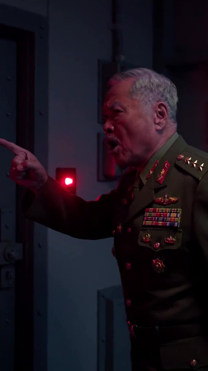 A senior general points angrily while red emergency lights flash inside the facility.