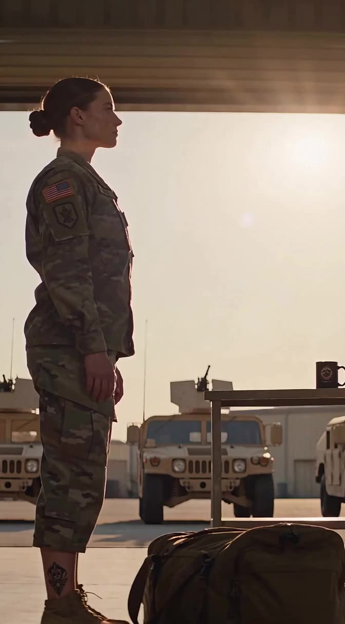 Captain Sarah standing at attention in the hangar entrance at sunset