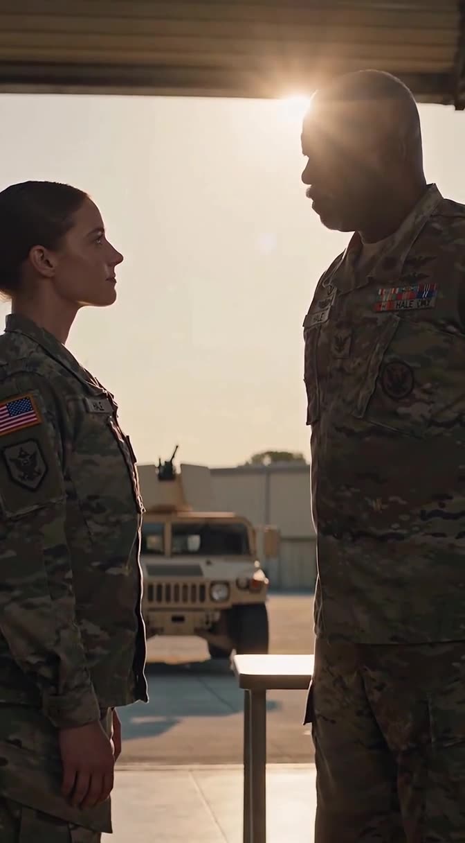 Commander Hale confronting Captain Sarah inside the military base hangar