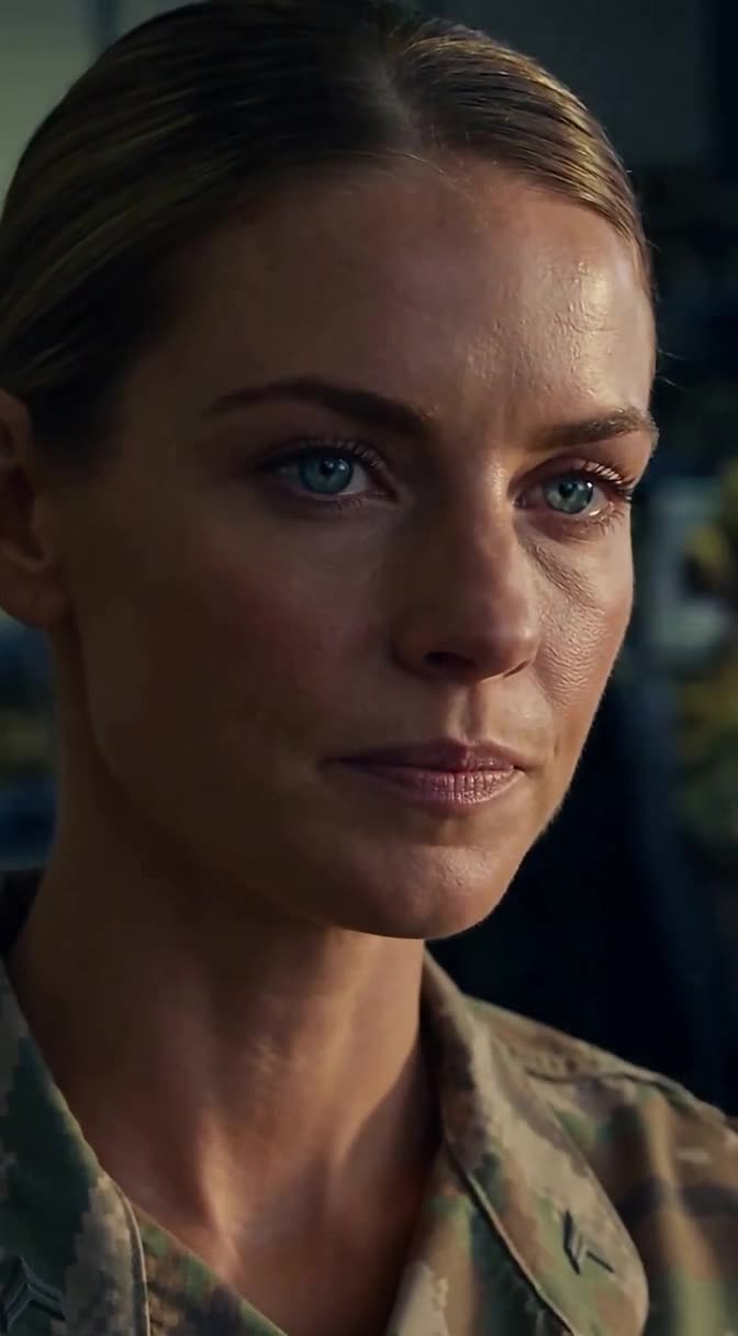 Close-up of Sarah's composed expression as she faces Commander Hale's warnings.