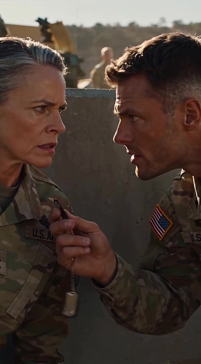 Officer thrusts dog tags and a digital cipher into view during an intense desert confrontation.