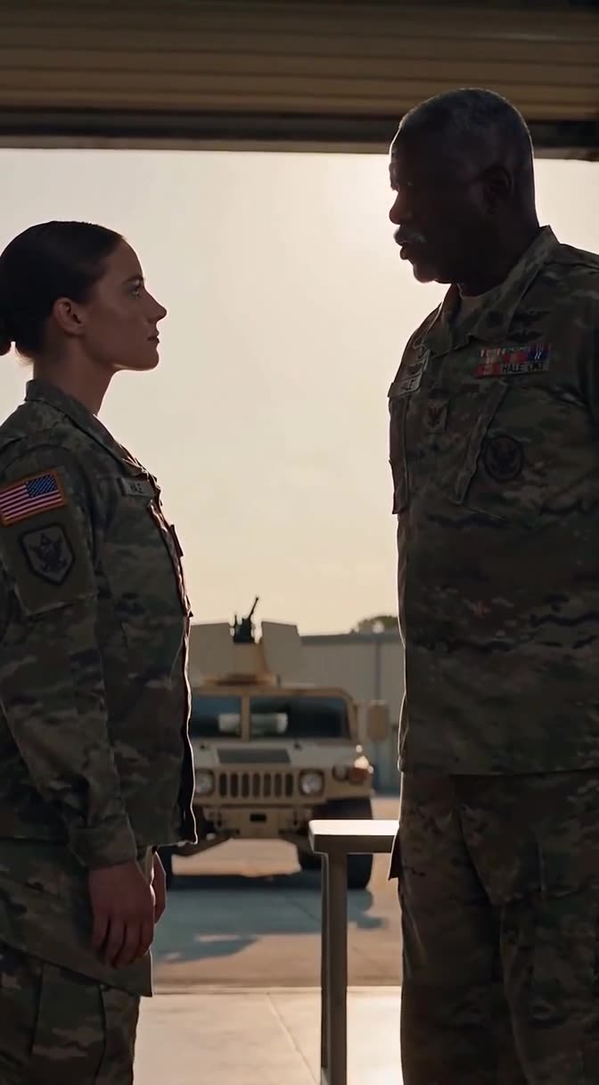Admiral Hale confronts Captain Cole inside the base hangar during the tense checkpoint breach