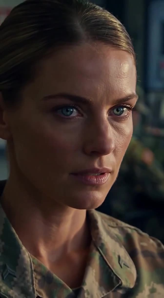 Extreme close-up of Captain Sarah Cole's cold, calculating expression as the plot unfolds