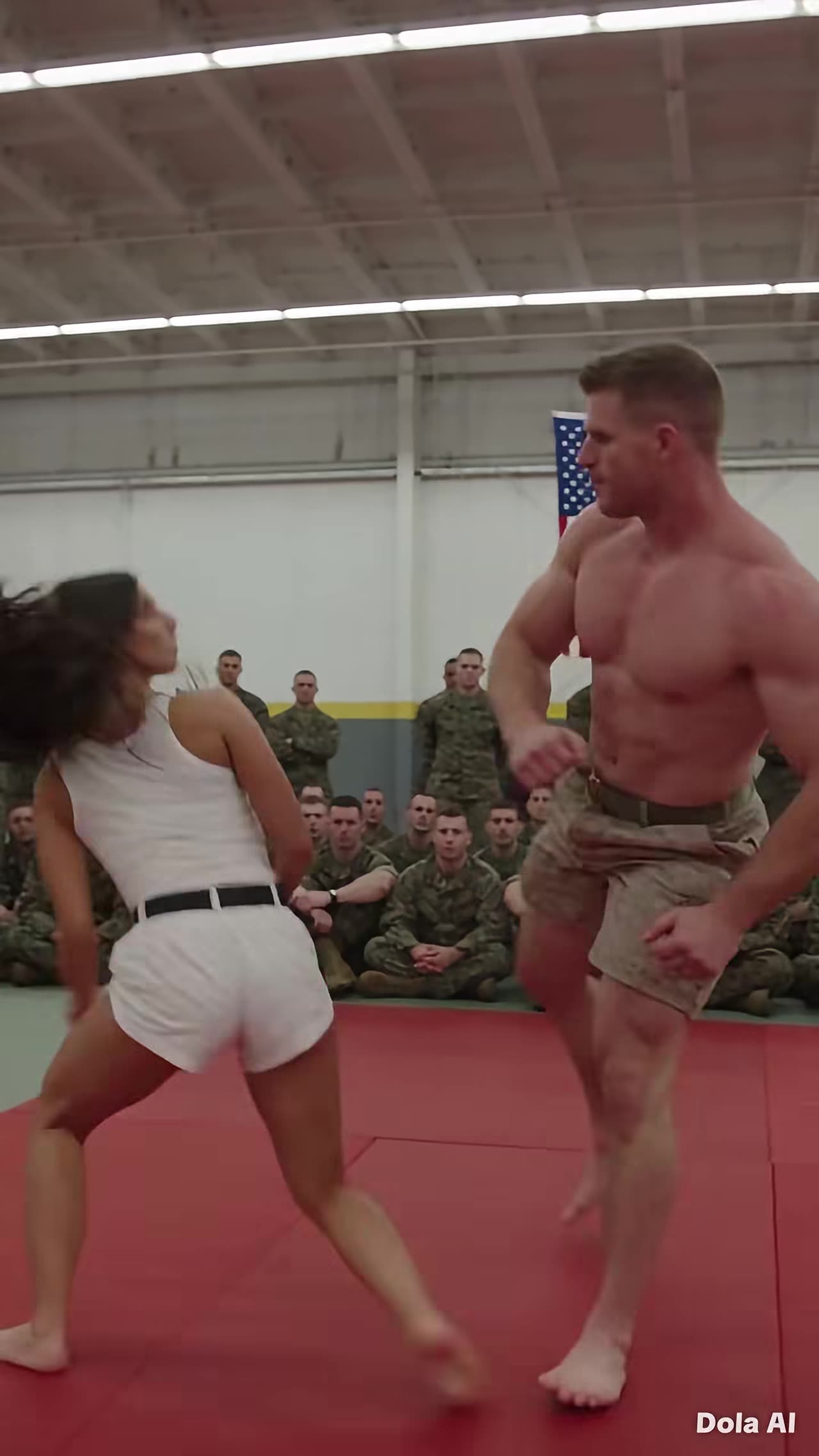 Female fighter regains balance as male fighter lands after missed kick