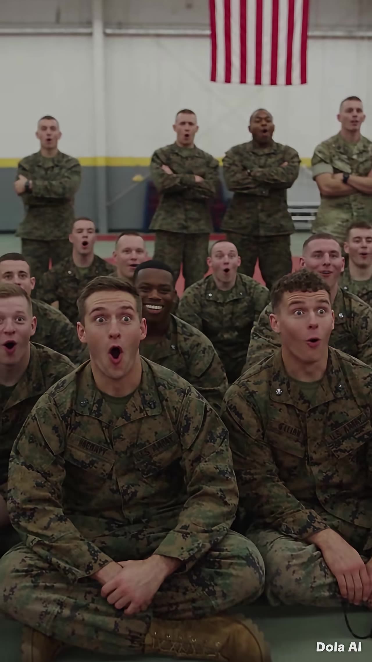 Marines watch with shocked open-mouth expressions