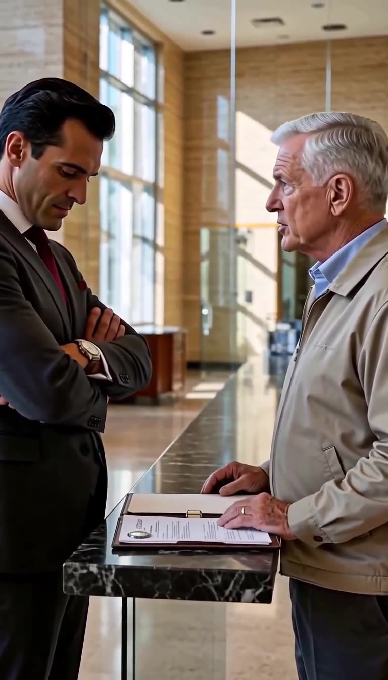 The courier calmly displays opened legal papers on the counter while the executive looks down with folded arms