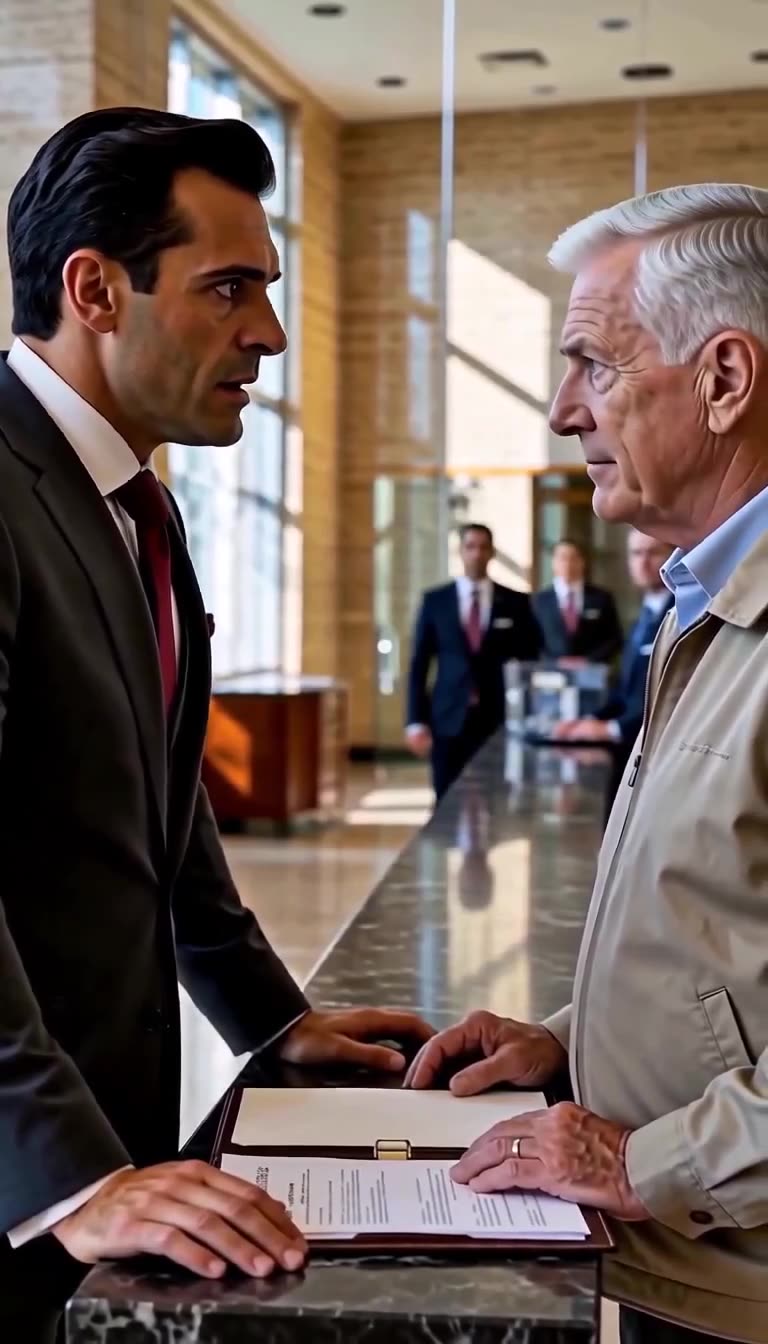 The executive stares in wide-eyed shock at the investigator across the counter as staff watches in the background