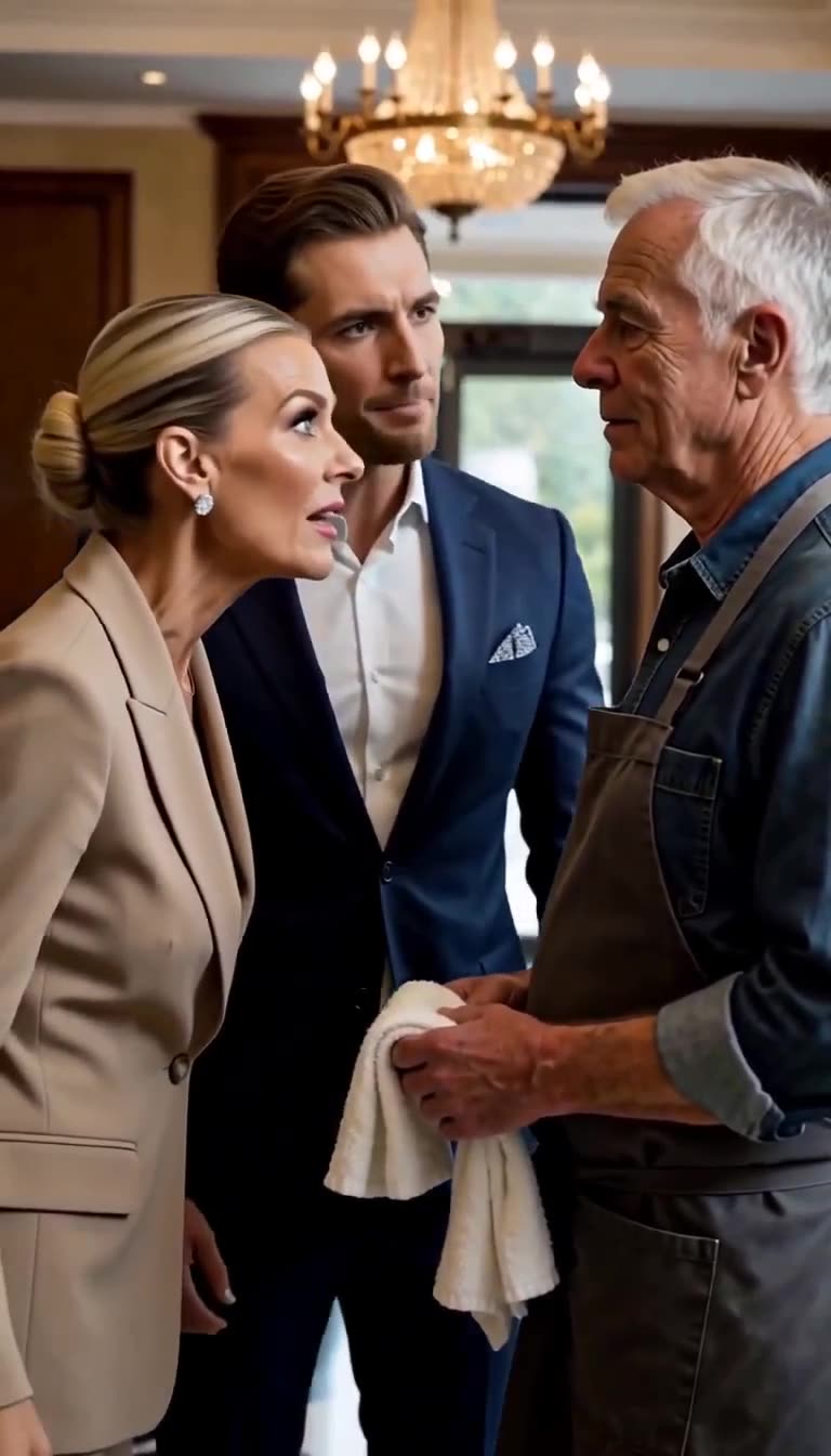 The manager aggressively scolds the older worker as the young CEO listens in from behind