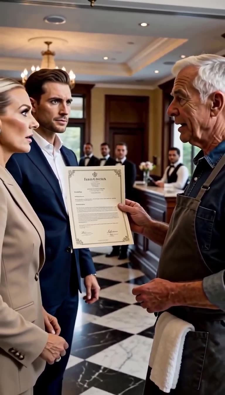 The elderly employee reveals an official founding certificate to the stunned manager and the CEO