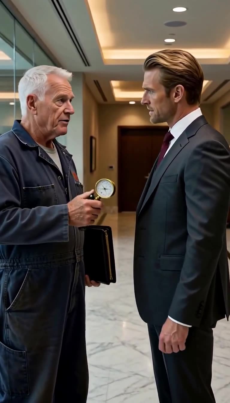 Mechanic Arthur Vance calmly presenting a brass pressure gauge to a dismissive executive in a tailored suit